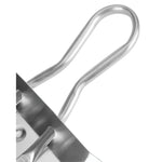 Close-up of the looped aluminum handle and upper mounting area of a metal dustpan on a white background.