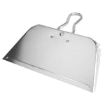 Rear-angled view of a silver dustpan showing flat back panel, rivets and looped handle against a white background.