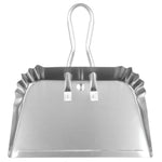 Top-front view of a silver aluminum dustpan displaying riveted handle mounts and crimped side edges on white background.