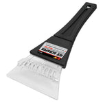 Black Performance Tool compact plastic ice scraper showing clear multi-tooth blade and product label on white background.