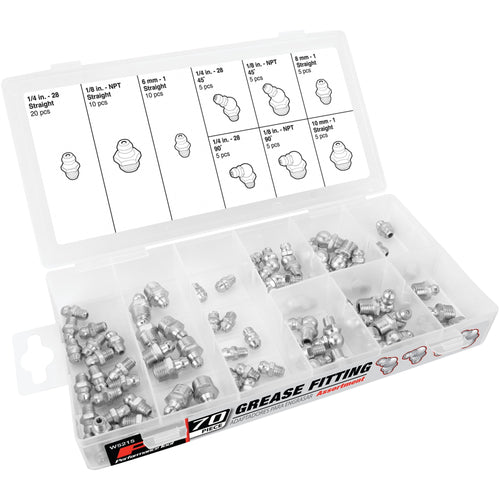 Clear plastic re-sealable case open to show nine compartments filled with assorted silver grease fittings and printed lid chart.