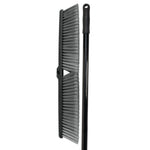 Close-up of Performance Tool W28 broom head and black steel handle showing dense gray bristles and grip