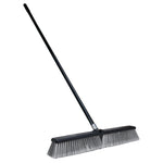 Performance Tool W28 push broom with long black steel handle and gray angled bristles on white background