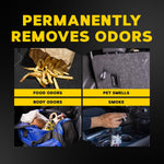 Graphic grid showing sources of odors - fries, pet hair, bag contents, smoking - with headline ‘Permanently Removes Odors’.