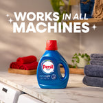 Persil Original detergent bottle on laundry counter with folded towels and bold headline 'Works in all machines' above