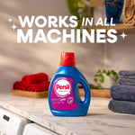 Persil detergent bottle staged on a countertop near folded towels with bold text stating works in all machines