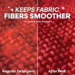 Close-up split image of red fabric fibers with text 'KEEPS FABRIC FIBERS SMOOTHER' comparing regular detergent and after Persil