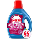 Blue bottle of Persil Intense Fresh liquid laundry detergent with red cap and 64 loads badge on white background