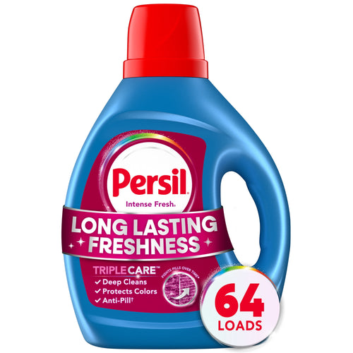 Blue bottle of Persil Intense Fresh liquid laundry detergent with red cap and 64 loads badge on white background