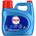 Blue Persil Original TripleCare liquid detergent jug with red cap and integrated handle, label shows 96 loads