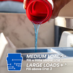 Hand pouring blue Persil detergent from a red measuring cup into a washer dispenser with dosing guide overlay