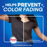 Persil promotional graphic showing a split shirt comparison with headline ‘Helps prevent color fading’ on blue background