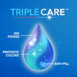 Graphic droplet illustration labeled 'TRIPLE CARE' showing OXI POWER, PROTECTS COLORS and ANTI-PILL benefits