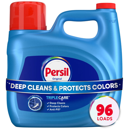Blue Persil liquid laundry detergent jug with red cap, Triple Care label and prominent “96 loads” badge