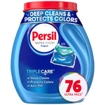 Blue plastic tub of Persil Ultra Pacs Original laundry detergent with red lid and 76 count badge on front.