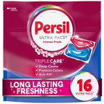 Front-facing pouch of Persil Ultra Pacs Intense Fresh with purple background and 16 count badge