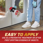 Person wearing gloves and jeans spraying Ortho Home Defense along a door seam, with 'Easy to Apply' text panel