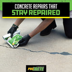 Person squeezing ProCrete repair pouch into a crack on concrete with header text 'Concrete repairs that stay repaired'