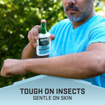 Person applying Repel family pump spray to their forearm outdoors, bottle label and spray nozzle visible