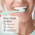 Person brushing with a mint BOKA toothbrush, foam visible and overlay listing charcoal bristles and soft tips