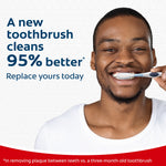 Lifestyle image of a smiling person brushing with a Colgate toothbrush accompanied by text claiming improved cleaning performance.