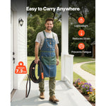 Man standing on a porch holding a coiled black and orange garden hose by hand with icons indicating lightweight and reduced strain.