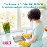 Person wearing yellow gloves cleaning a kitchen sink under a window with headline about Cloralen bleach power