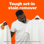 Person holding two white shirts, one heavily stained and one clean, with bold headline about tough set-in stain remover