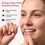 Smiling person demonstrating flossing action with checklist of benefits like reducing plaque and cavities beside them