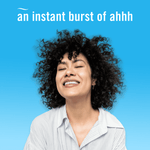 Smiling person against a blue background with headline text conveying a fresh burst, Febreze branding not fully shown.