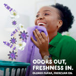 Person joyfully smelling a purple towel with illustrated lavender flowers suggesting fresh lavender scent