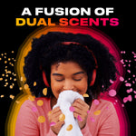 Person inhaling a freshly washed towel with colorful scent-bead graphics and headline 'A fusion of dual scents'