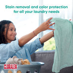 Person holding up a freshly laundered shirt over a laundry basket with Cloralen logo in the corner and text about stain removal