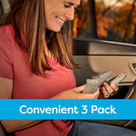 Person smiling inside a car holding two woven charcoal pouches with a Convenient 3 Pack banner