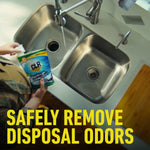 Overhead view of a kitchen sink with a person holding a CLR Garbage Disposal pouch near the drain and text about removing odors