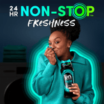 Smiling person holding a Downy Unstopables Fresh bottle with bold '24 HR NON-STOP FRESHNESS' headline