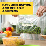 Person holding a labeled freezer bag of green beans with a headline 'Easy application and reliable adhesion'.