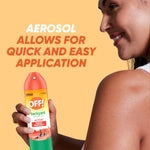 Person holding an OFF! Backyard Active aerosol can next to text highlighting quick, easy aerosol application