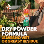 Person holding an OFF! Backyard FamilyCare aerosol can in a garden scene with text highlighting dry powder formula