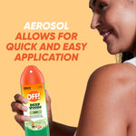 Person holding an OFF! Deep Woods aerosol can shown beside text promoting quick, easy aerosol application