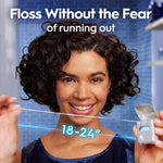Smiling person holding a length of floss and a floss dispenser, with overlay text about not running out and suggested floss length.