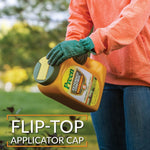 Person in gloves holding a Preen Extended Control container by the cap outdoors, promotional text highlighting flip-top applicator.