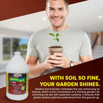 Smiling person holding a small potted seedling with a Medina product jug and promotional headline about garden results