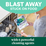 Lifestyle image of person holding a Seventh Generation dishwasher pack near an open dishwasher with text about blasting away stuck on food