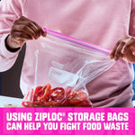 Person holding open a clear Ziploc bag with pink zipper containing sliced red peppers and a food-waste message banner