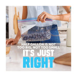 Person holding a Ziploc half-gallon bag filled with blueberries over a kitchen counter with text saying it's just right
