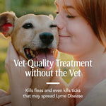 Person affectionately holding a happy dog with overlay text about vet-quality treatment