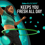 Person hula-hooping amid floating turquoise scent beads and text 'OdorBLOCKER KEEPS YOU FRESH ALL DAY'