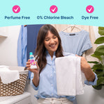 Person holding a Carbona Stain Devils bottle and inspecting a white garment in a laundry setting