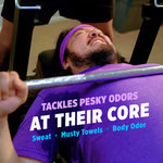 Person lifting weights wearing purple shirt with text overlay about tackling pesky odors and body odor